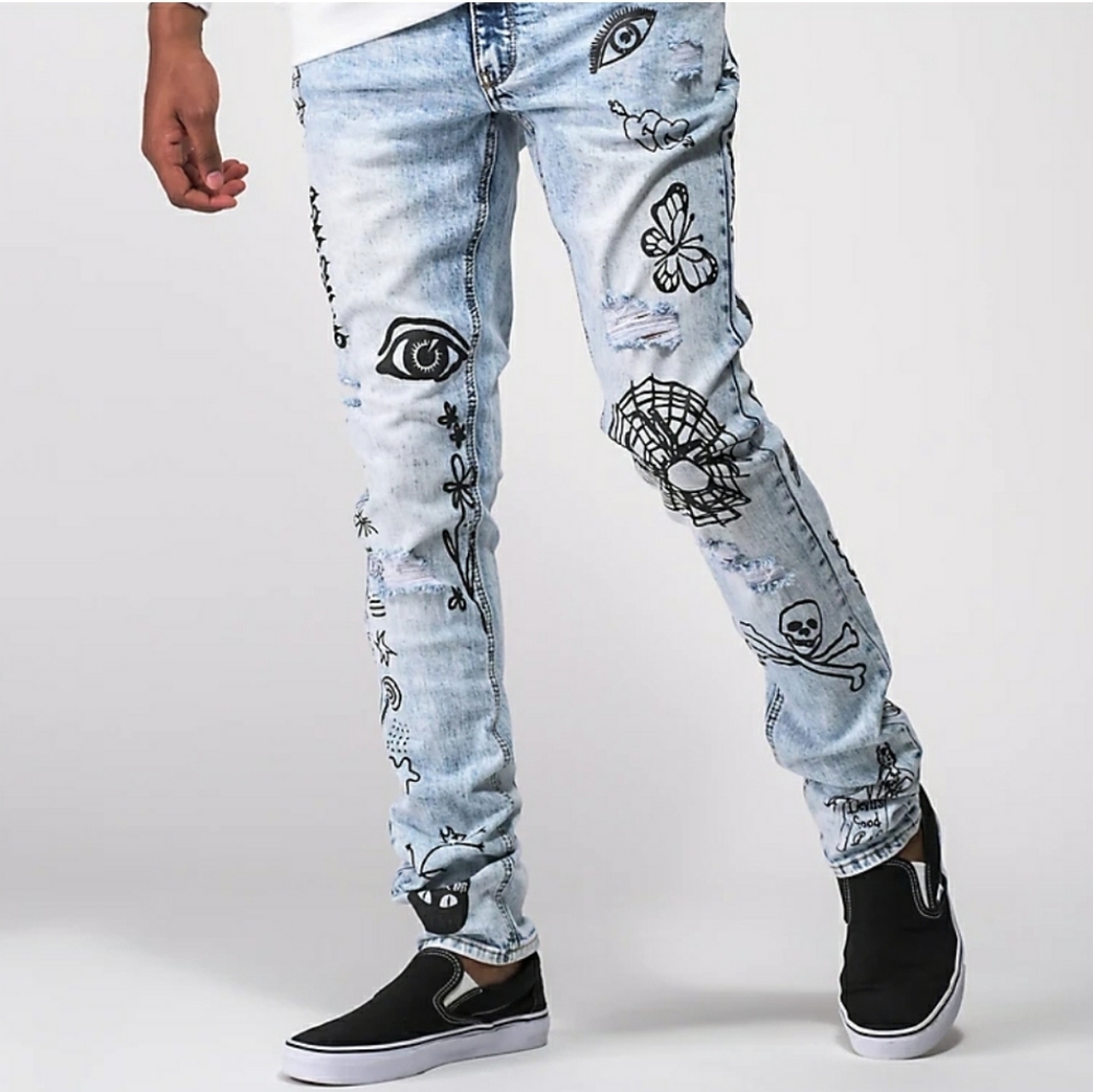 Ninth Hall Rogue Skinny Men's Jeans Graphic Print Light Wash Size 34x33